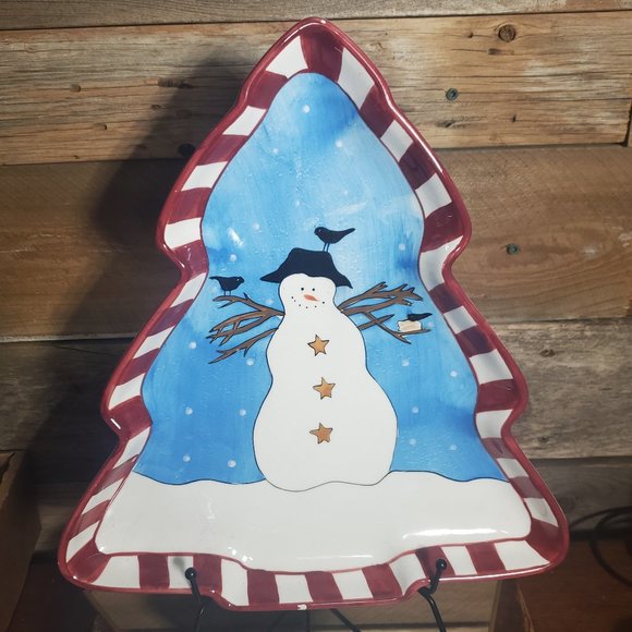 Sakura Debbie Mumm Christmas Serving Dish - Tree Shaped - Snowman Design - Picture 2 of 9
